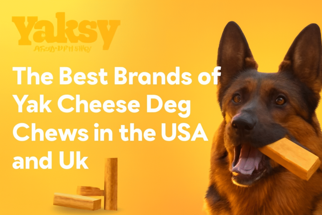 Yaksy Dog Chew promotional image featuring a German Shepherd holding a yak cheese chew, with a bright orange background and the text 'The Best Brands of Yak Cheese Dog Chews in the USA and UK